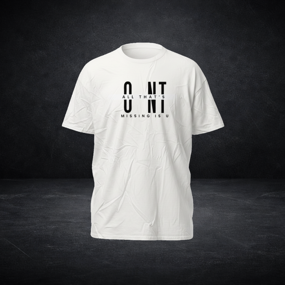 White dark humour graphic T-shirt with bold slogan on moody textured backdrop