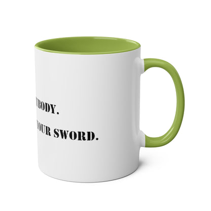 Two-Tone Coffee Mugs, "Love Everybody, Never Sell Your Sword" - Blockrat