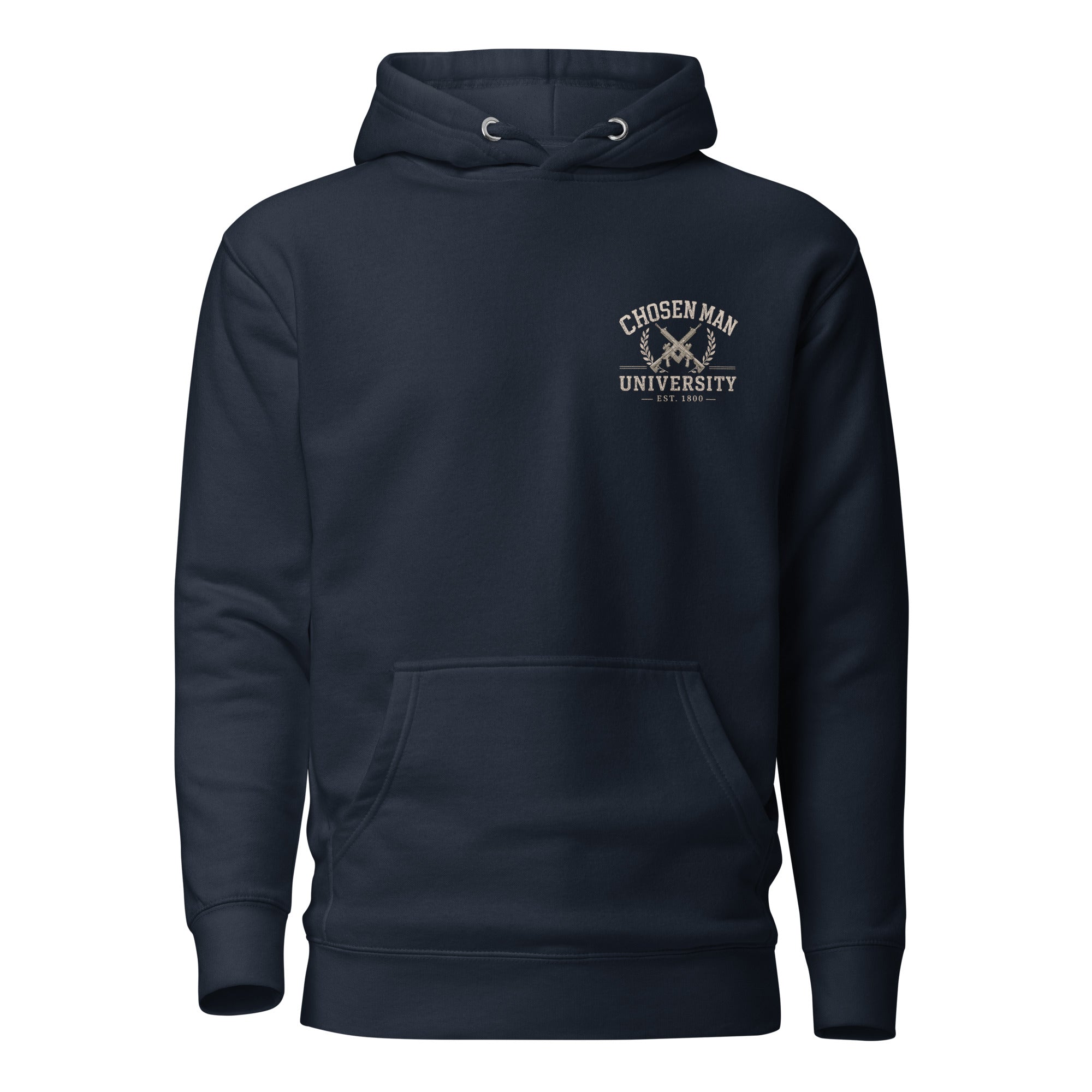 Navy veteran-minded hoodie with distressed beige varsity design