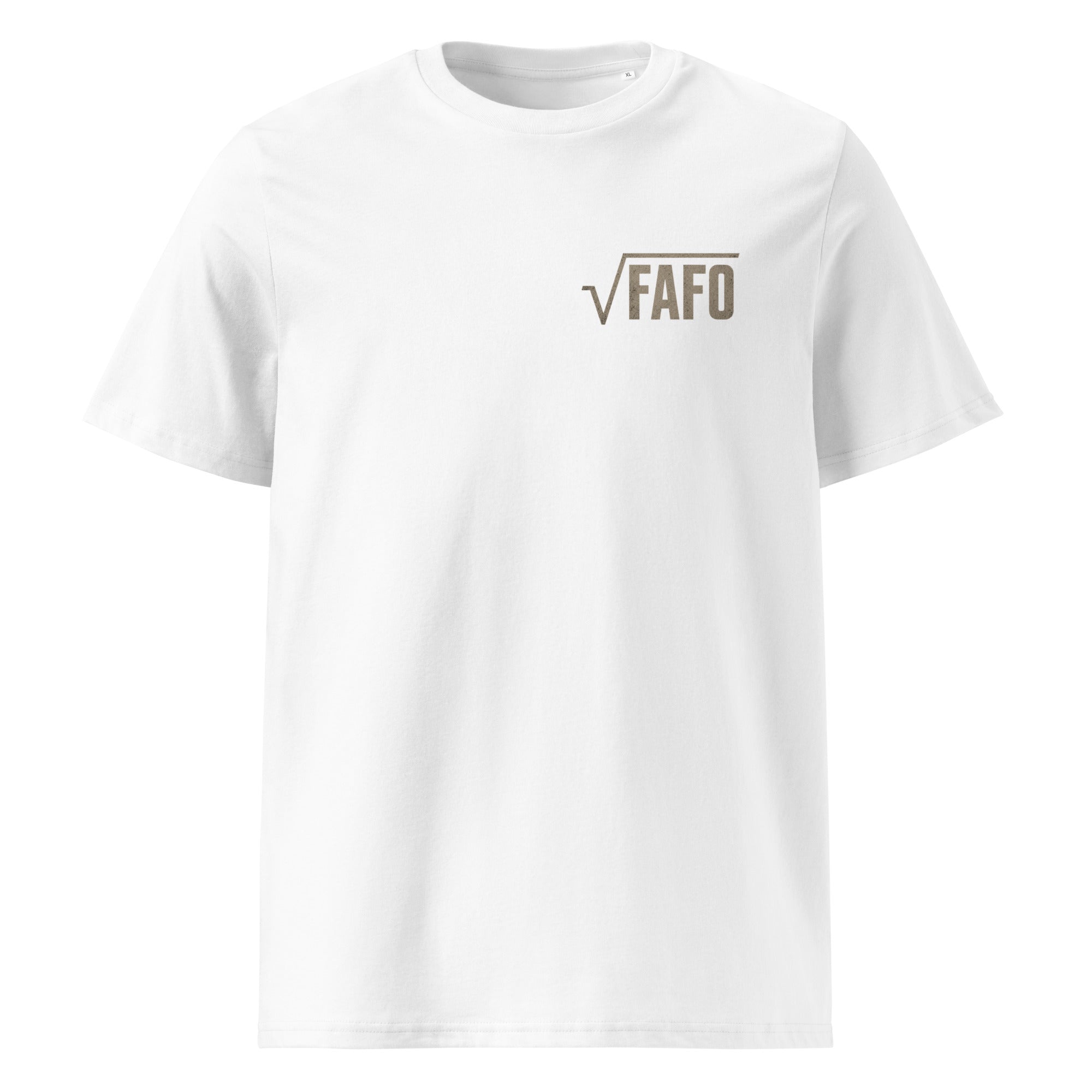 White FAFO t-shirt with small square root graphic on chest by Blockrat